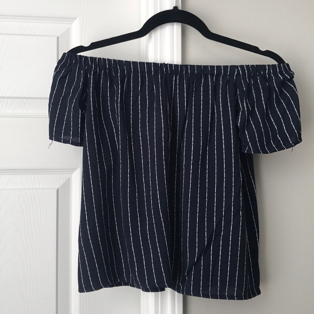 Off the Shoulder Pinstripes Blue Top - Picture 2 of 3